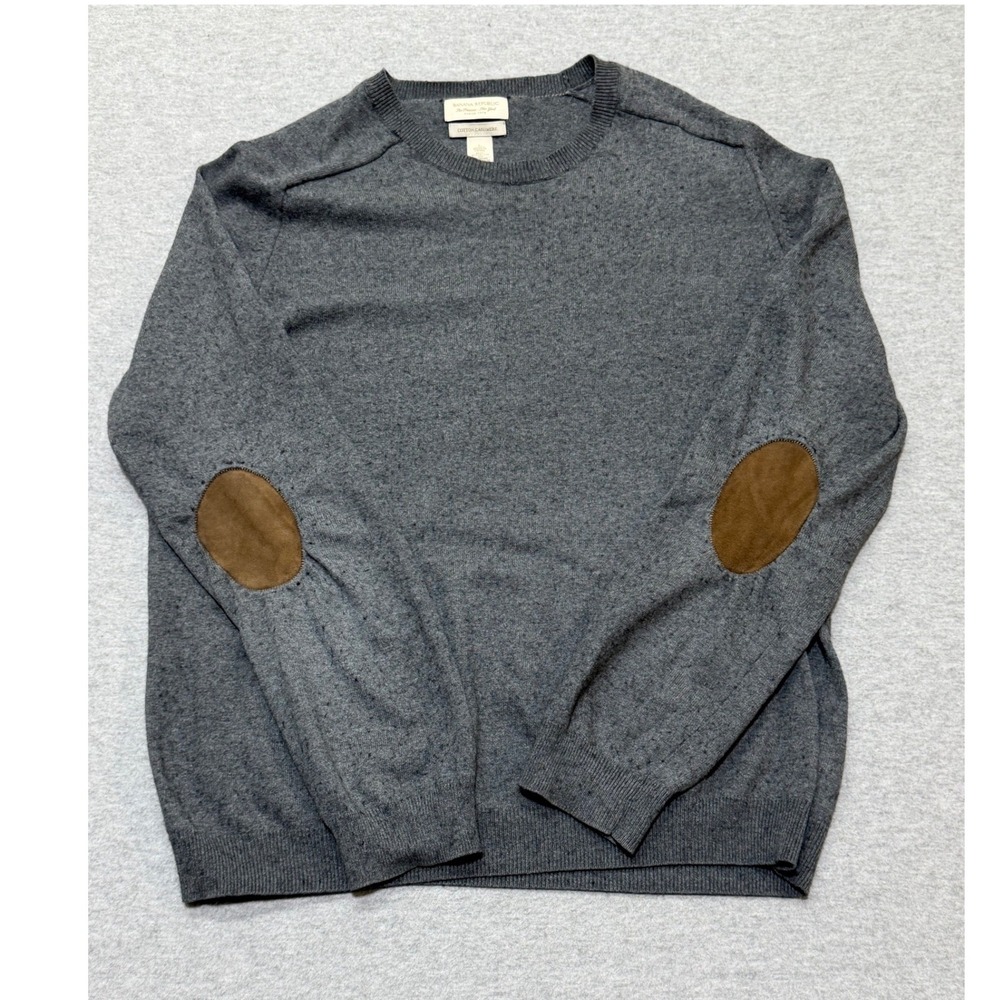 Banana Republic Mens L Gray Cotton Cashmere Crew Neck Sweater Elbow Patches